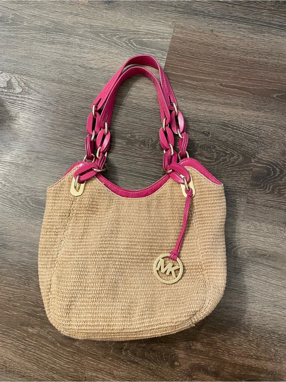 Michael Kors Woven Pink Trim Straw Shoulder Bag Y2K